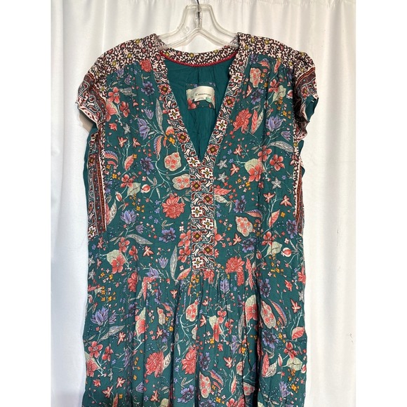 Anthropologie A+ Floral Print V Neck Mini Dress Green Red Boho Cottagecore - Picture 2 of 8